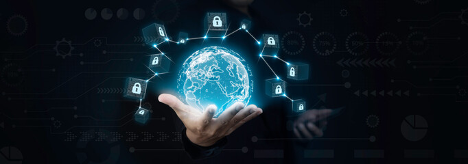 Businessman showing Decentralized Global Networking, Secure Transactions, Transparency, Efficiency....