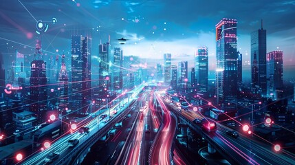 A high-tech urban environment comes alive with intelligent traffic lights, autonomous vehicles, and drones enhancing city life at sunset. Generative AI