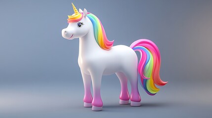 Fototapeta premium A cute, 3D rendered unicorn with a rainbow mane and tail stands on a light blue background.