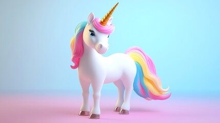 Cute cartoon unicorn with rainbow mane and tail.