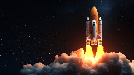 A rocket launches into space, leaving a trail of smoke and fire.