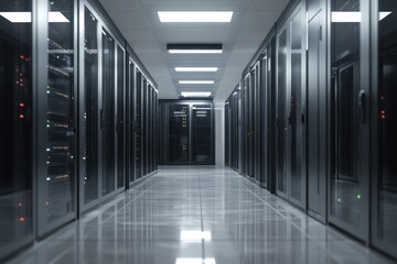 Fototapeta premium A long, empty hallway with many doors and windows