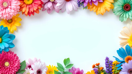 A vibrant border of various flowers surrounds a white background. The flowers include pink, red, yellow, blue, purple, and green, creating a cheerful and lively scene.