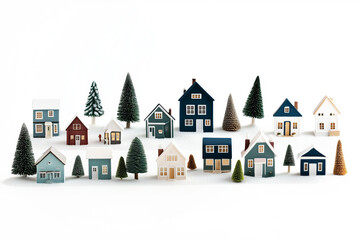 Naklejka premium Miniature winter village with various houses, trees, and figurines on a white snowy background. Festive holiday decor