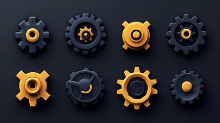 Eight 3D Gears in Black and Yellow on a Dark Background