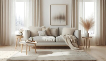 Obraz premium Minimalist living room with a soft neutral color palette, cozy cushions, and natural light. Elegant Scandinavian-inspired decor featuring warm textures, a plush sofa, and decorative plants.