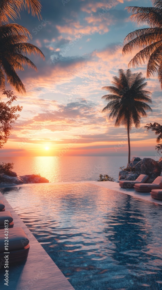 Poster a beautiful sunset over the ocean with palm trees in the background
