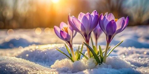 Low angle view of crocus blooms on melted snow with sunlight, end of winter