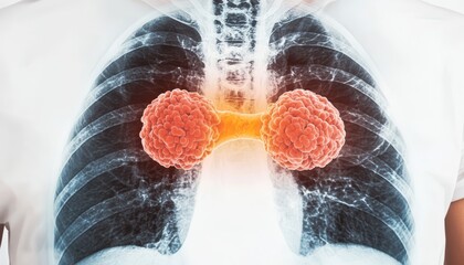 A full X-ray image of a smoker's lungs, showing advanced lung cancer with large tumors in both lungs and scarring across the tissue.