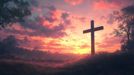 A wooden cross stands tall against a vibrant, fiery sunset sky.