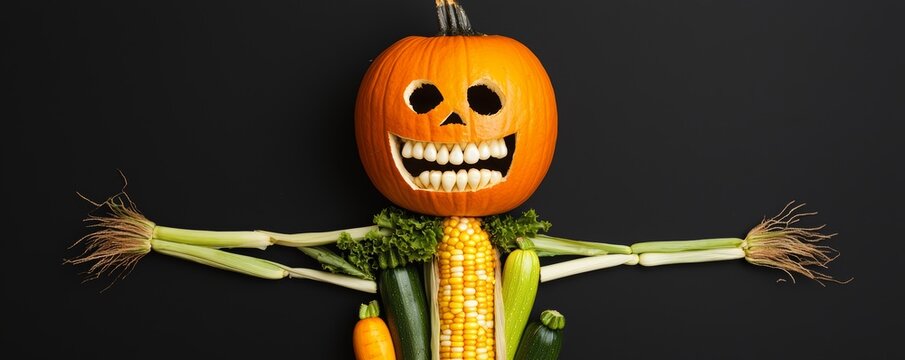 A human figure made from an assortment of vegetables, with corn cobs for arms, zucchini legs, and a head crafted from a pumpkin.