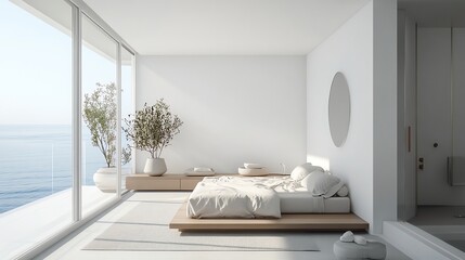 Minimalist bedroom with a view of the ocean.