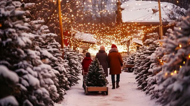 Family picks out a Christmas tree at a snow-covered tree farm, illuminated by festive lights, capturing the joy and tradition of holiday preparations. Video made using Generative AI