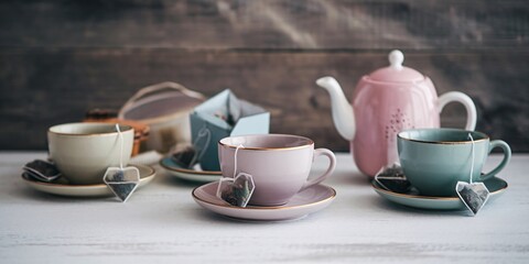 A close-up of hands preparing tea for Valentine’s Day with heart-shaped tea bags in pastel-colored cups. 
