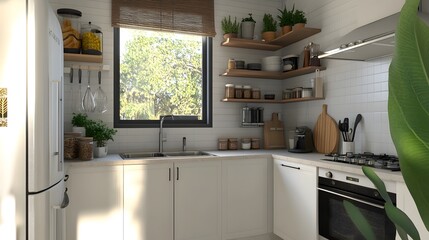A small urban kitchen with compact appliances, open shelving, and a window bringing in plenty of natural light