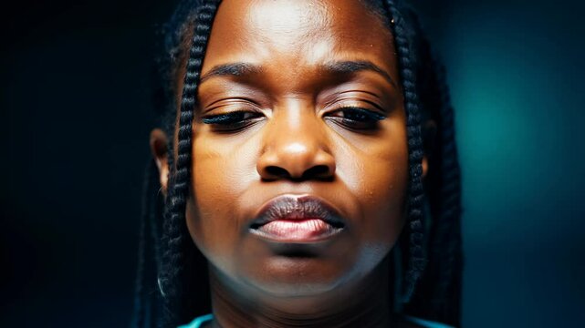 Dramatic static video, side lighting, close-up of a middle-aged Black woman with dreadlocks transitioning from worry to relief