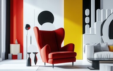 Wide-angle view of the living room, showcasing the vibrant red wingback chair and the sleek white sofa against a backdrop of abstract geometric shapes on the walls. 