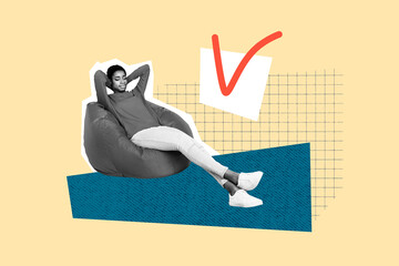 Composite photo collage of happy american girls lay beanbag checkmark symbol approval vote to-do task isolated on painted background