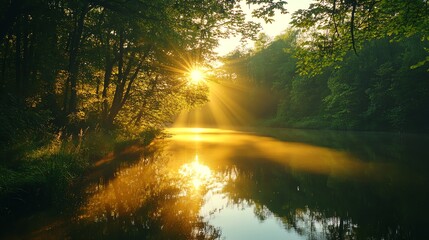 Golden sunlight streams through a forest, reflecting in a still lake, creating a peaceful and magical atmosphere.