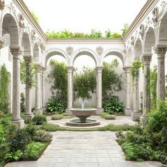 A serene courtyard featuring a central fountain surrounded by lush greenery and ornate columns.
