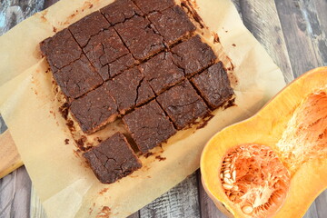 Homemade Chocolate Pumpkin Brownies on Baking Paper