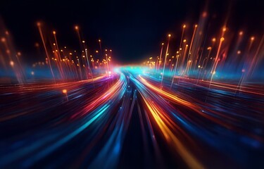 Abstract background with colorful light streaks, blurred lines, and glowing orbs.