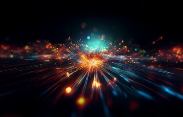 Fototapeta premium Abstract light streaks in blue and orange radiate from a central point against a dark background.