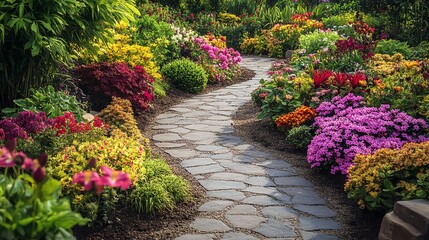 A winding stone path through a lush and colorful garden.