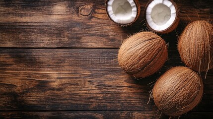 Fresh, ripe coconuts on wood.