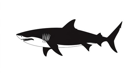 Fototapeta premium A striking vector silhouette of a shark set against a clean white background, emphasizing the sleek lines and powerful form of this majestic marine predator. The minimalist design captures the essence
