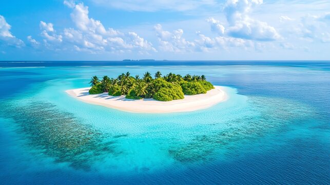 An aerial view of a tropical island paradise with white sand beaches and clear turquoise water.