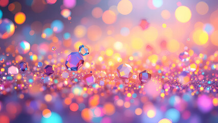 A vibrant background featuring out-of-focus colorful bokeh lights and iridescent gemstones, creating a visually captivating and abstract design.