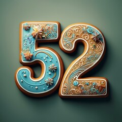 Decorated cookie, number 52, illustration for birthday or anniversary celebration