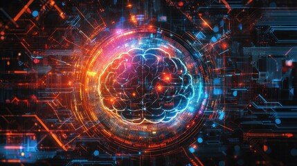 Obraz premium A glowing, digital brain in a futuristic, circuit board cyber background