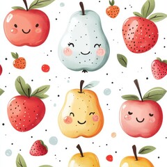 A colorful fruit pattern with apples, pears, and strawberries