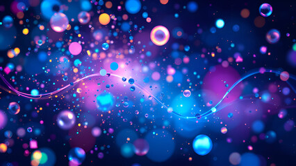 Fototapeta premium An abstract background with a blue, purple, and pink gradient with out-of-focus neon lights that create bokeh circles. The image features a glowing blue and pink line in the foreground.