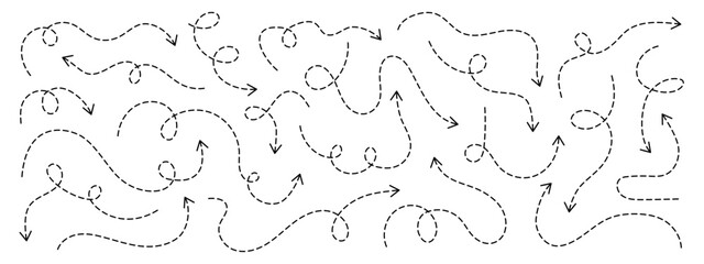 Set of squiggle dash line arrows. Dashed hand drawn curved vector arrows icons