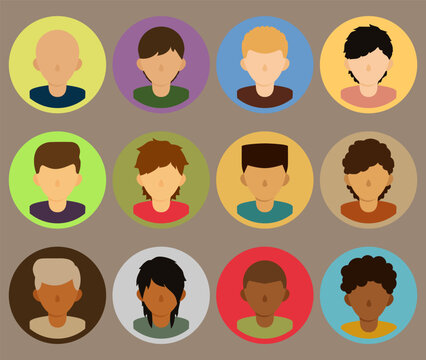 Male User Colorful Circle Profile Picture with Hair and Clothes Varieties Flat Vector Icon Set