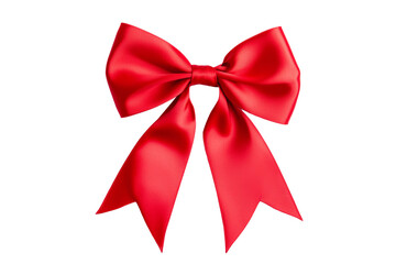 A red satin bow tied in a neat loop with long ribbon tails. Transparent background.