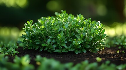 A lush green bush with small leaves in a garden bed.