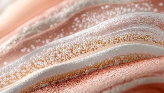 A zoomed-in 3D view of the epidermis, showing the layers of keratinocytes, stratum spinosum, and stratum basale, with dermal papillae connecting to the dermis below.