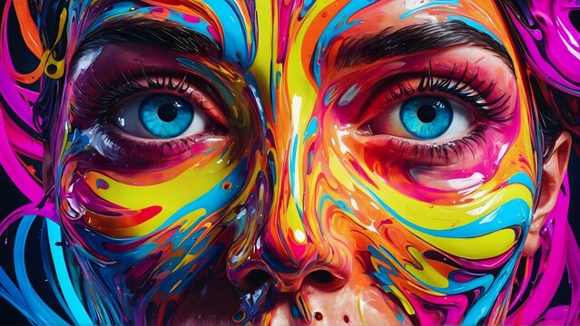 An intense, colorful face with wide eyes, swirling in neon to symbolize overwhelming ecstasy. AI-generated.	