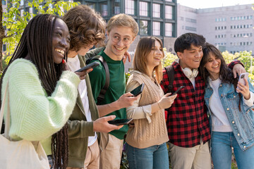 Diverse Gen Z students using smartphones: multicultural youth and technology on campus