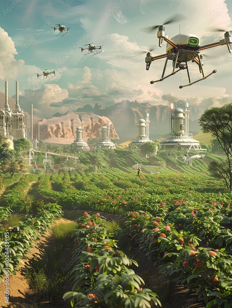 Aufkleber Drones and AI robots are actively monitoring crops on a high-tech farm, enhancing agricultural practices in a dynamic landscape. Generative AI