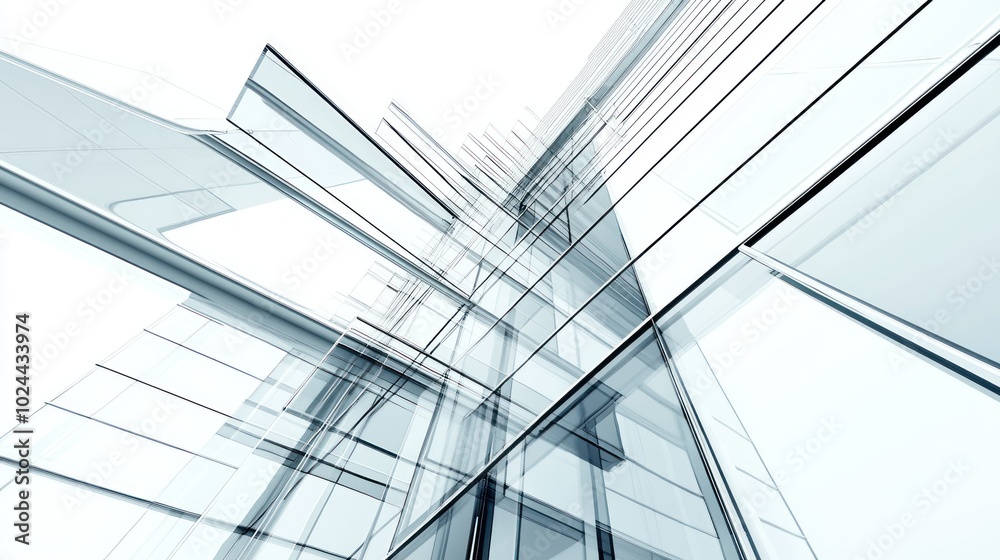 Poster abstract view of intersecting glass structures, emphasizing modern architectural design.