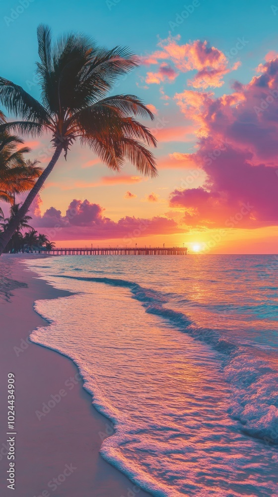 Poster a beautiful beach scene with a palm tree and a sunset in the background