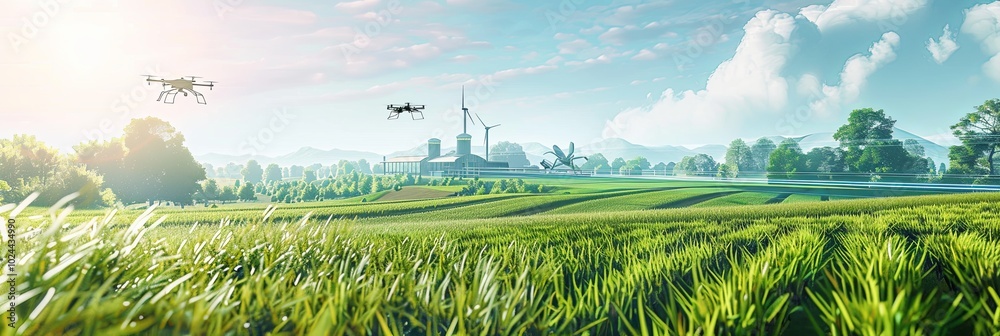 Aufkleber Drones and sensors actively monitor crops while AI optimizes farming practices in a high-tech agricultural environment. Generative AI