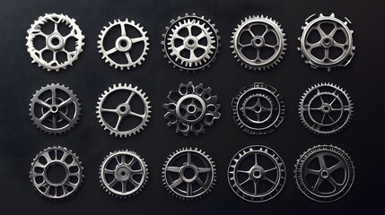 A Collection of Metal Gears Arranged in Rows on a Black Surface