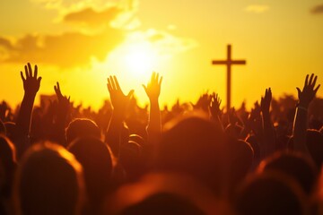 A powerful, emotional scene of a large crowd of people raising their hands in worship during