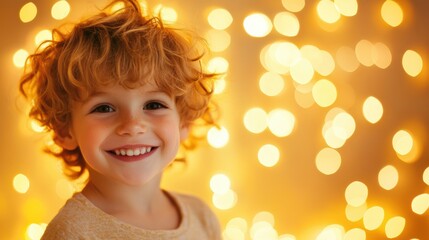Fototapeta premium A joyful boy beams with happiness as he stands in front of a decorated Christmas tree adorned with twinkling lights